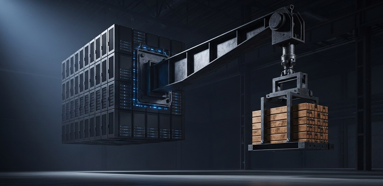 A monumental dark computing machine hangs in an unlit hall, and a heavy riveted steel arm reaches out from its side to a hoist carrying a pallet of stacked bronze bars, so the weight of the money is borne by the machine's own structure.