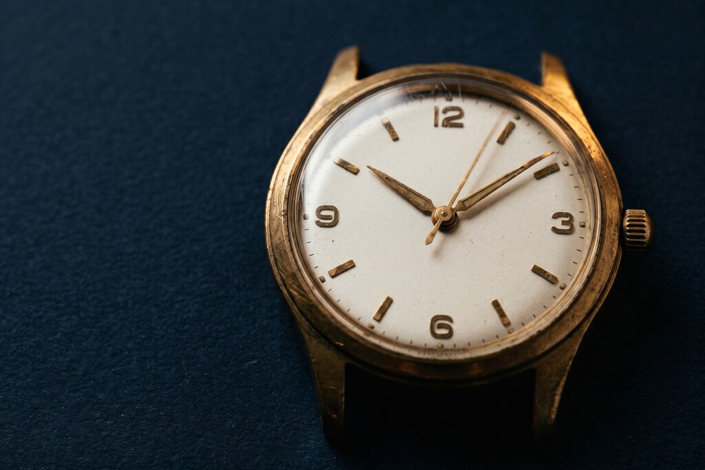Editorial photograph of a vintage mechanical chronograph wristwatch face caught mid-tick against deep matte navy, evoking time running out on classical encryption ahead of a cryptographically relevant quantum computer
