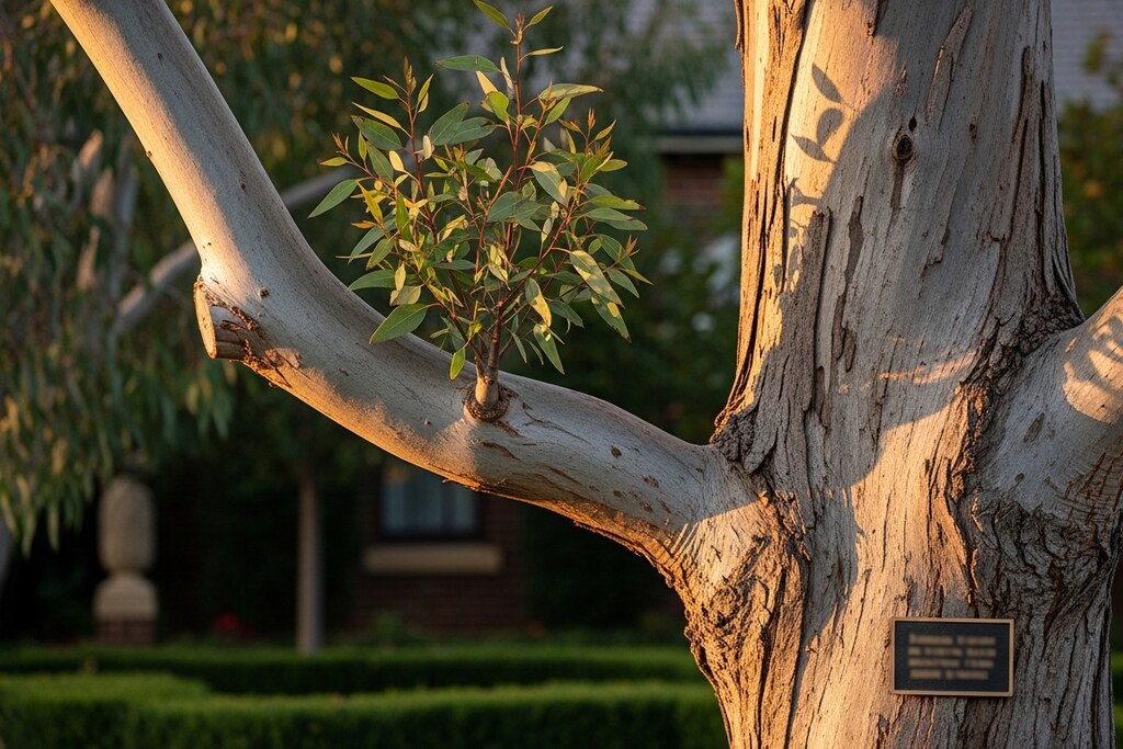 Mature Australian river red gum with visible arborist grafts and new sage-green growth on a heritage Melbourne estate